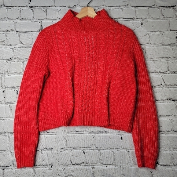 Loft Red Wool Blend Cropped Mock Turtleneck Cable Knit Soft Sweater Size L - Picture 1 of 12